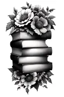 a stack of closed books with flowers being the focal piece growing through and around the books tattoo design idea