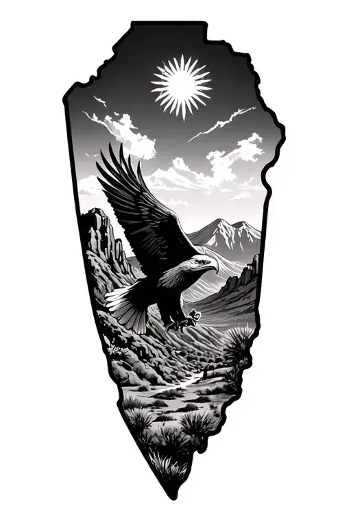 Superstition Mountain landscape with flying eagle in the Arizona State shape on the back calf  tattoo design idea