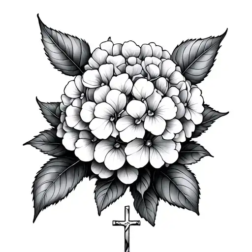 cross and hydrangea tattoo design idea