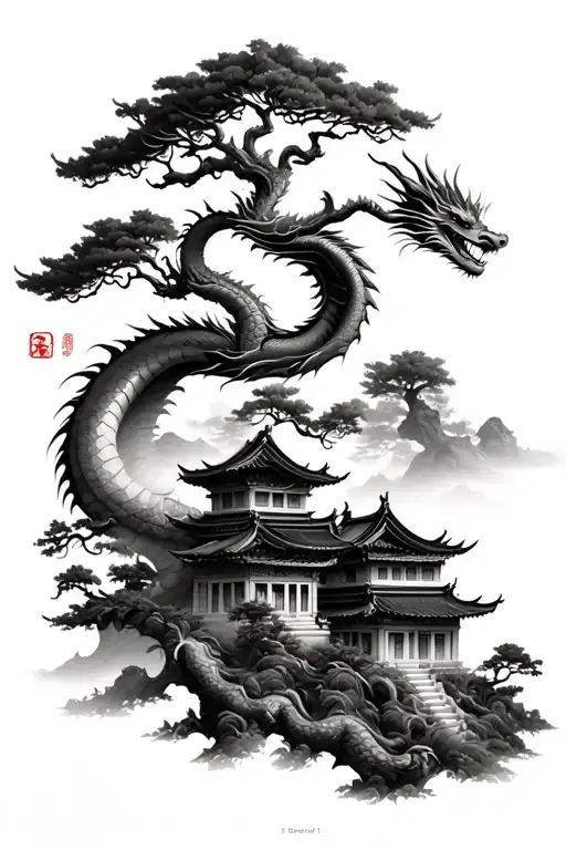 tree, dragon, Chinese houses landscape black and white, realistic tattoo design idea
