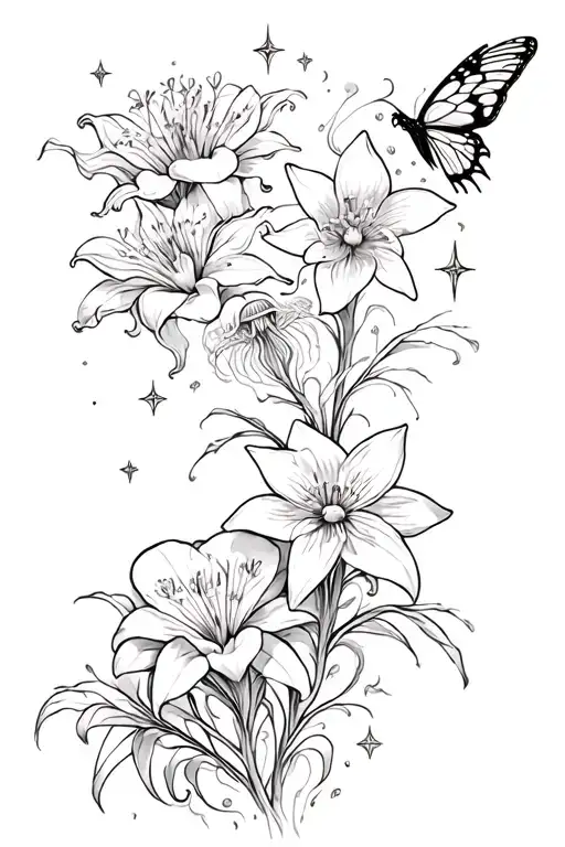 spider lilies,moon flowers, daffodils,ginko tree,ocean waves,jellyfish,stars,oroborous,chaos,butterfly& dominos,phoenix tattoo design idea