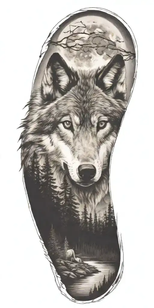 wolf  and woods and mountains tattoo design idea