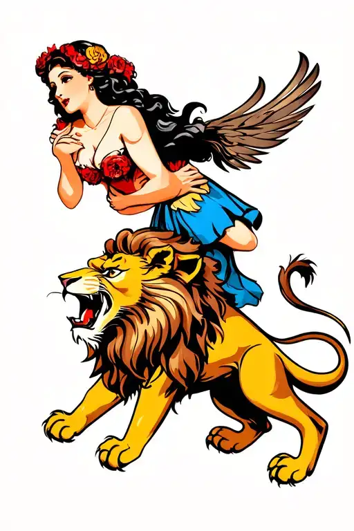 A bold, American Traditional tattoo of a roaring lion with a vintage-style woman above it embracing the lion  tattoo design idea