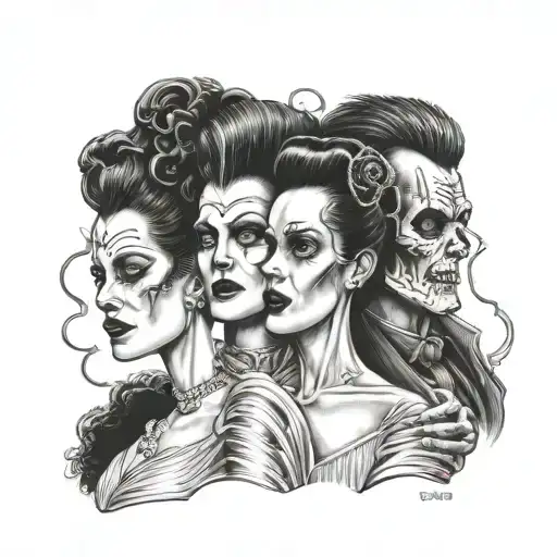 hammer horror classic female villains mixed with day of the dead theme, bride of Frankenstein, bride of Dracula  tattoo design idea
