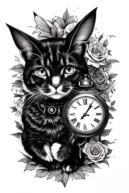 Alice in wonderland with cat, Head rabbit and clock tattoo design idea