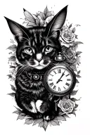 Alice in wonderland with cat, Head rabbit and clock tattoo design idea