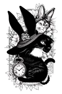 Alice in wonderland with cat, Head rabbit and clock tattoo design idea