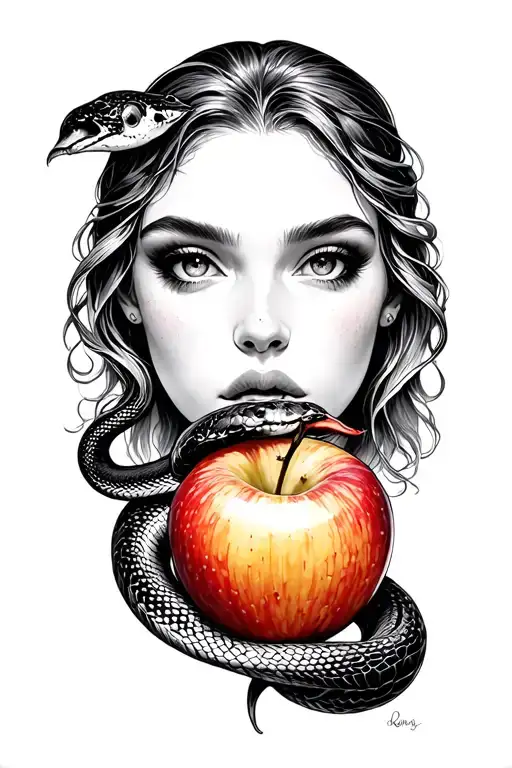 eve eating the apple and snake coiled tattoo design idea