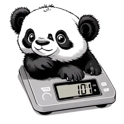baby panda on a scale. scale showing 7 pounds 11 oz. and a digital clock showing 1:17 tattoo design idea
