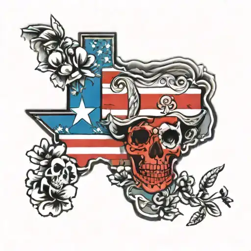 texas state border outlines with mexican flag waving inside outline, with bluebonnets, and skulls around the outside tattoo design idea