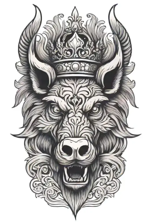 angry boar head with wings wearing a crown with blue eyes tattoo design idea