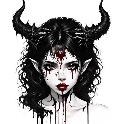 Demon, Asian girl, blood flows from the eyes and lips tattoo design idea