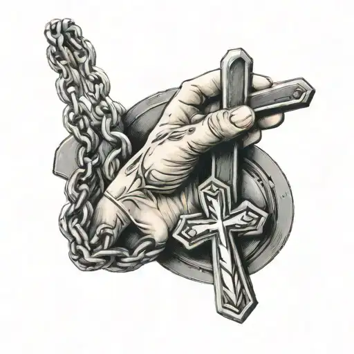 a necklace that starts at the forearm held by a nail that goes down to the thumb with the cross of Jesus tattoo design idea