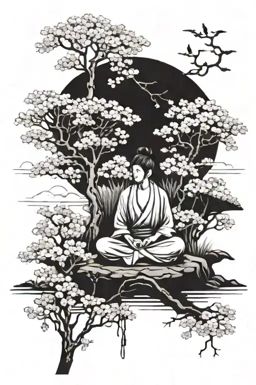 A serene Japanese garden with a field of blooming flowers and a meditating figure under a cherry blossom tree tattoo design idea