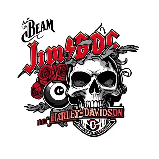 Black & white ft: red, tattoo with the Jim beam logo, skull, AC/DC, 8ball Harley Davidson logo, tattoo design idea
