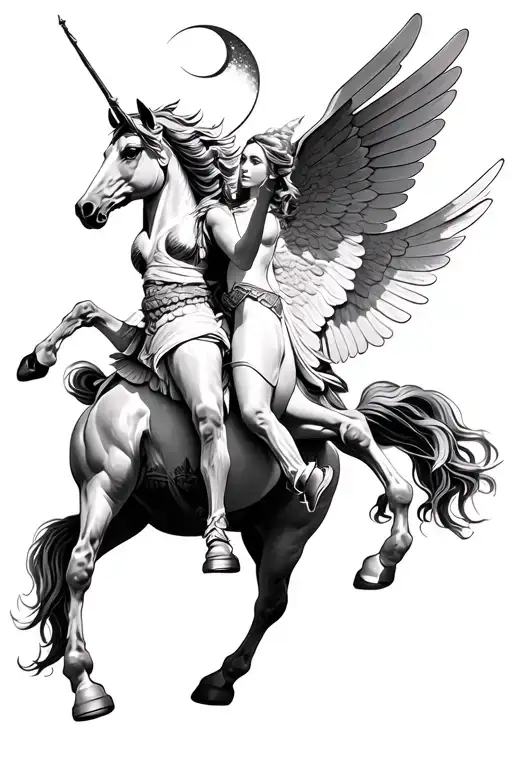 artemis riding pegasus, pegasus rearing up slightly, vertical portrait, artemis drawing bow, crescent moon  tattoo design idea