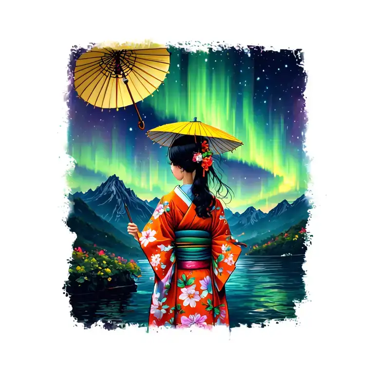 Realistic Arm tattoo. The sky is aurora borealis, a silhouette of asmall girl's back view in kimono with yellow umbrella tattoo design idea