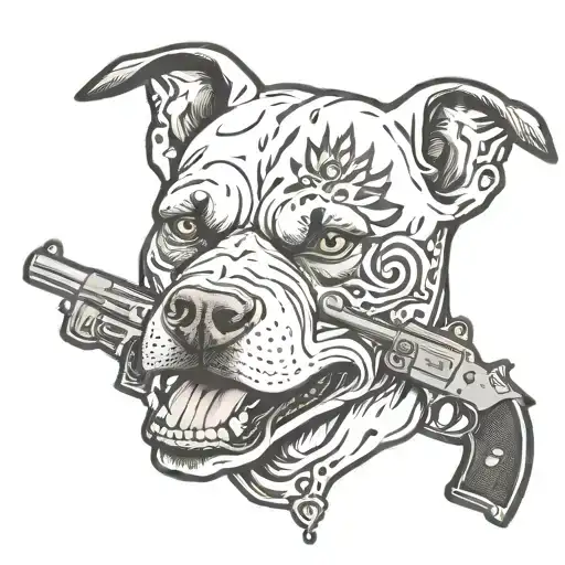 pitbull skull traditional holding guns withnpolice chief badge  tattoo design idea