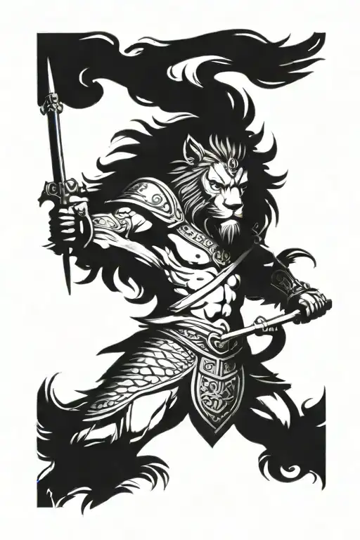 warrior with lion head tattoo design idea