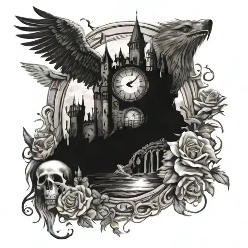a castle with a path, a woman and two children, a clock with skulls, roses, an eagle and a wolf tattoo design idea