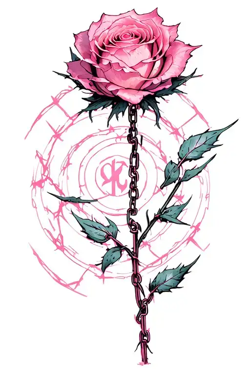 "Very detaile cyber sigil flowers, barbed wire petals, chain stem, metallic rose, surreal style, hidden 'null' logo,pink tattoo design idea