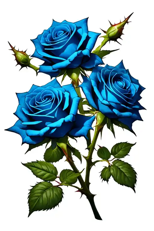 3 Blue Roses with barbed branches and thorns tattoo design idea