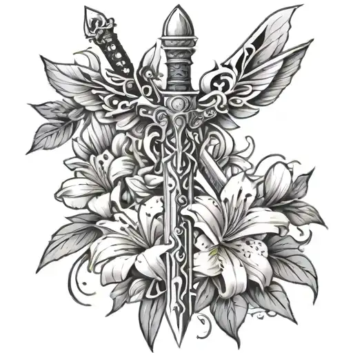 sword with lilly flowers and butterflies tattoo design idea