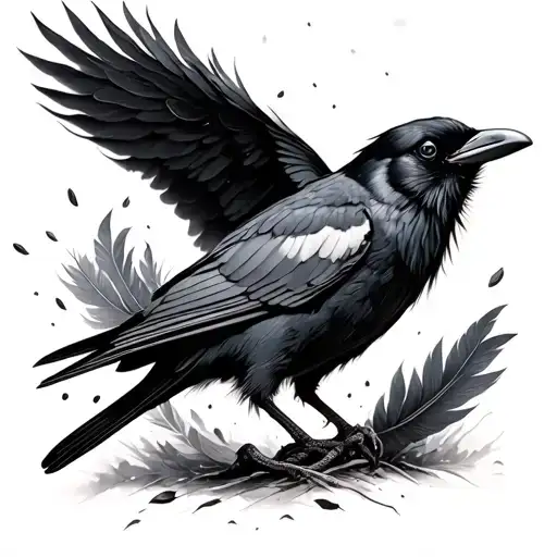 realistic crow plucking out it's feathers falling tattoo design idea