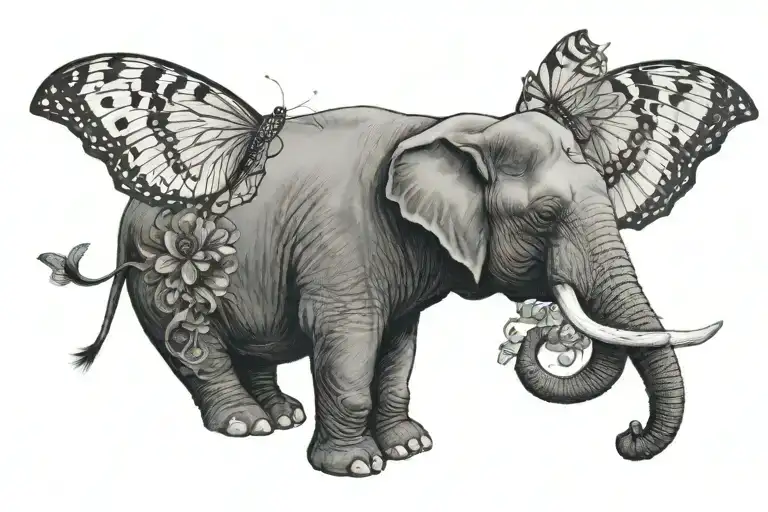butterfly perched on elephant tattoo design idea