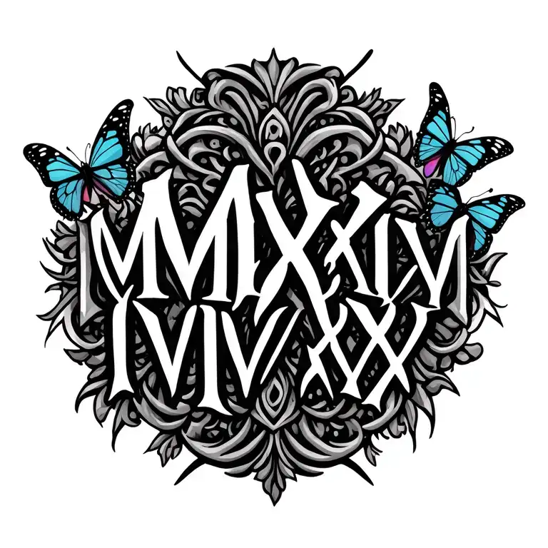 "MMXXIV/IV/XX" lower back piece with butterflies and tribal inspired design featuring tattoo design idea