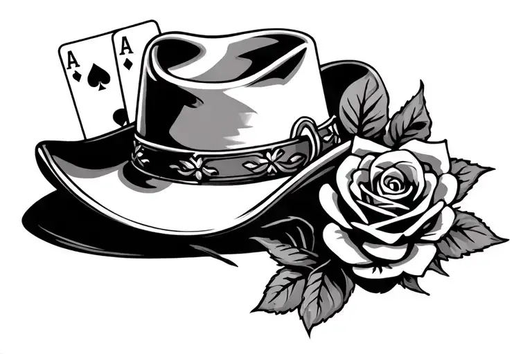 a rose and poker cards and a cowboy hat wild west style tattoo design idea