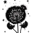 Tiny stars connected by a thread, tangled and twisting into a small knot, from which a little dandelion begins to grow. tattoo design idea
