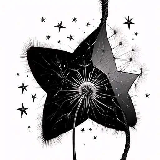 Tiny stars connected by a thread, tangled and twisting into a small knot, from which a little dandelion begins to grow. tattoo design idea