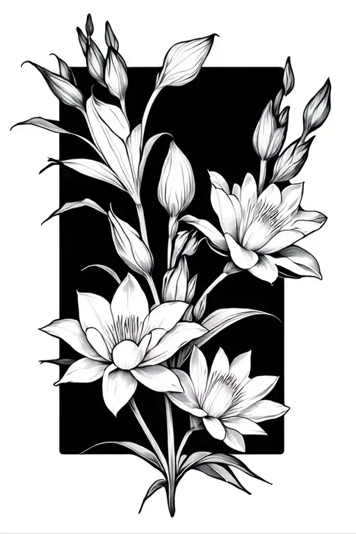 gladiolus, honeysuckle and water lilly tattoo design idea