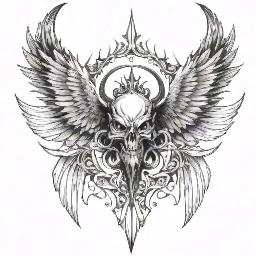 seraphim, 6 large burnt wings, demon eye in the centre, gothic, angry tattoo design idea