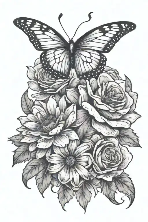 rose, butterfly daisy flowers tattoo design idea
