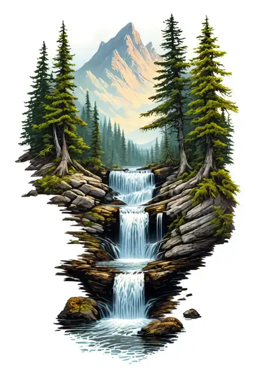 stream cascading waterfall in a forest mountain scene  tattoo design idea