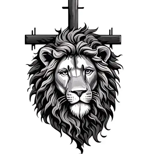 cross with Jesus and a lion head tattoo design idea