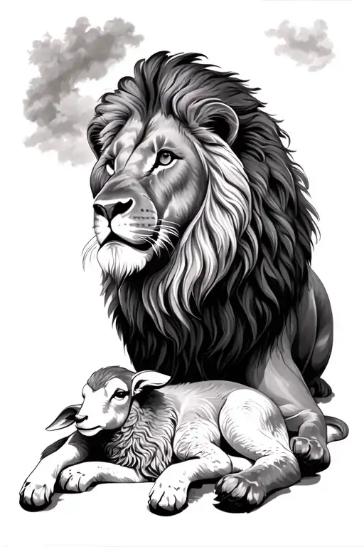 lion laying with a lamb tattoo design idea