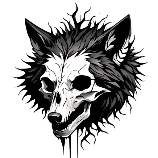 A wolf skull (as a symbol of survival), from which emerge roots and a female, semi-transparent, almost spirit-like silho tattoo design idea