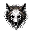 A wolf skull (as a symbol of survival), from which emerge roots and a female, semi-transparent, almost spirit-like silho tattoo design idea