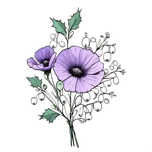 3 holly berries flowers, violet flower, lily of the valley flower, poppy flower, cosmos flower, rose in a bouquet bow tattoo design idea