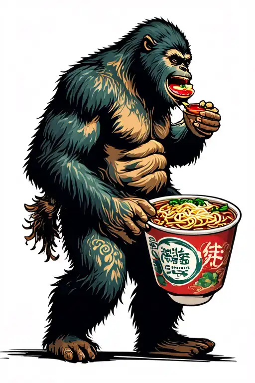 Bigfoot eating ramen while walking tattoo design idea