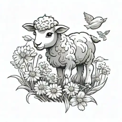A cartoon little lamb in a feild of dandelions blowing in the wind  tattoo design idea