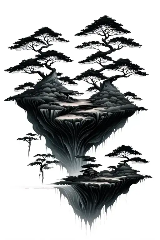 multiple floating islands that have bits of a japanese zen garden on it tattoo design idea