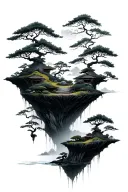 multiple floating islands that have bits of a japanese zen garden on it tattoo design idea