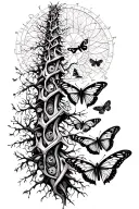 Geographic black and white tattoo to go on spine. Family tree, butterflies. Gothic style tattoo design idea