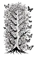 Geographic black and white tattoo to go on spine. Family tree, butterflies. Gothic style tattoo design idea