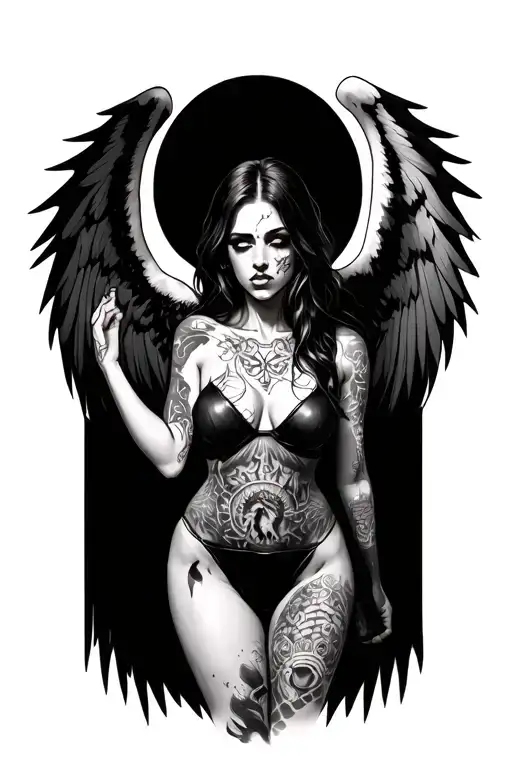 female fallen angel with top scars full body tattoo design idea