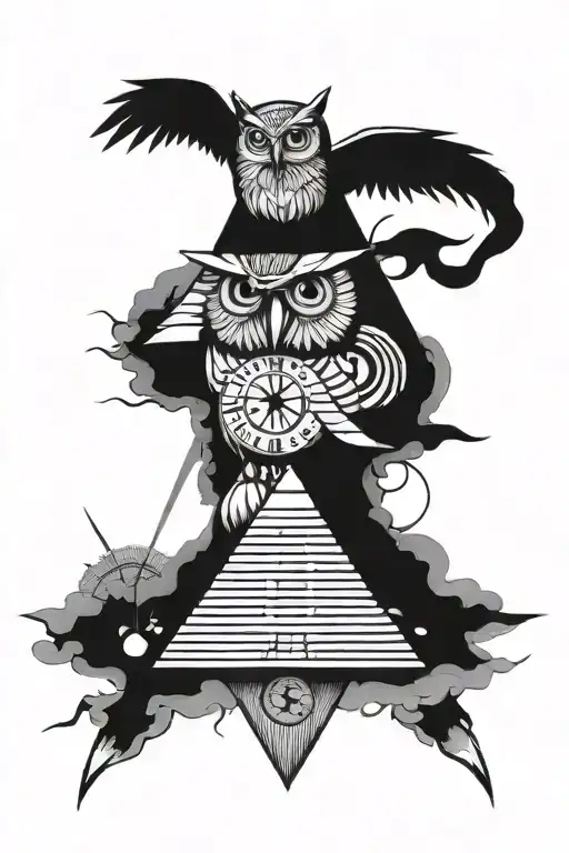 owl, pyramid, clock, all seeing eye tattoo design idea